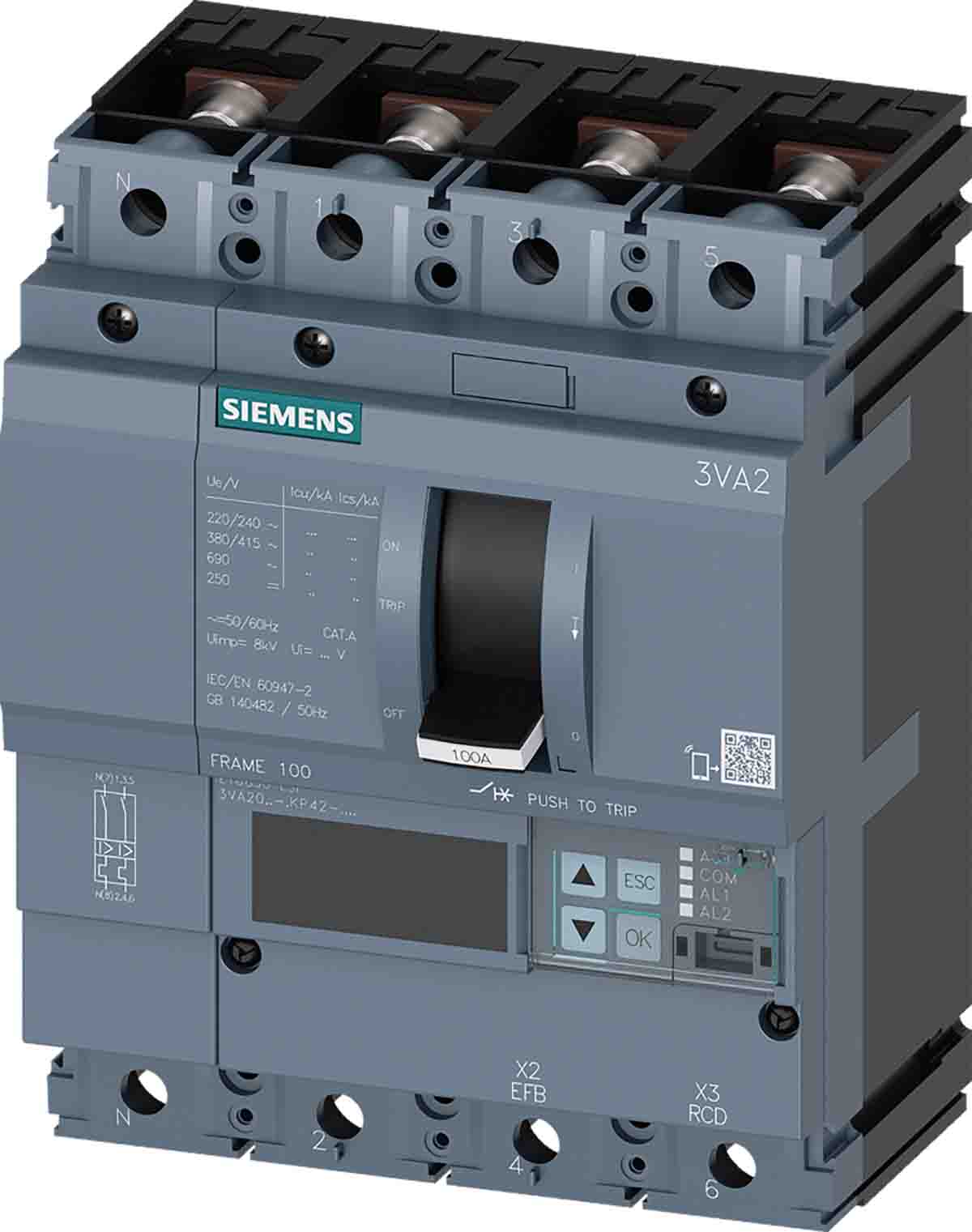 Siemens, 0AA0, 3VA20 Molded Case Circuit Breaker 4-Pole 25A, Breaking Capacity 2 kA, Fixed