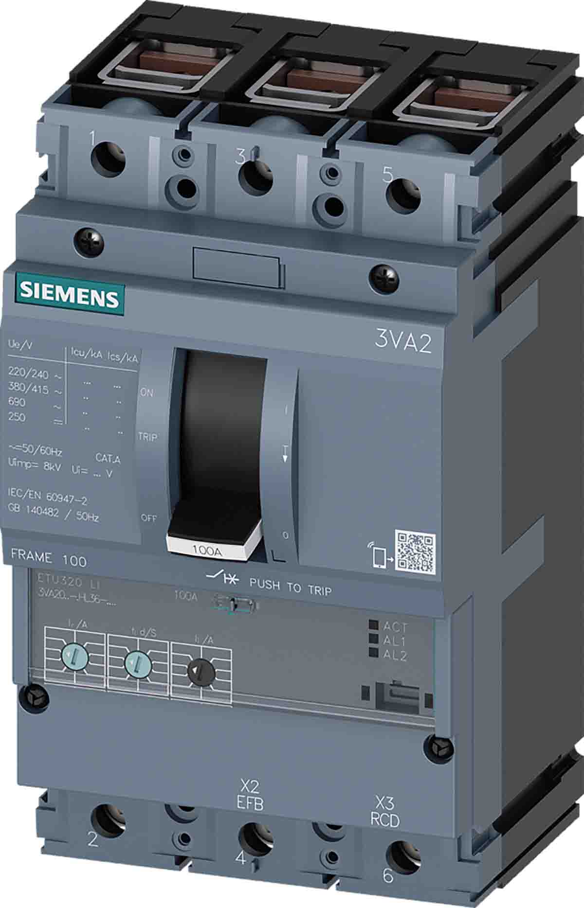 Siemens, 0AA0, 3VA20 Molded Case Circuit Breaker 3-Pole 40A, Breaking Capacity 2 kA, Fixed