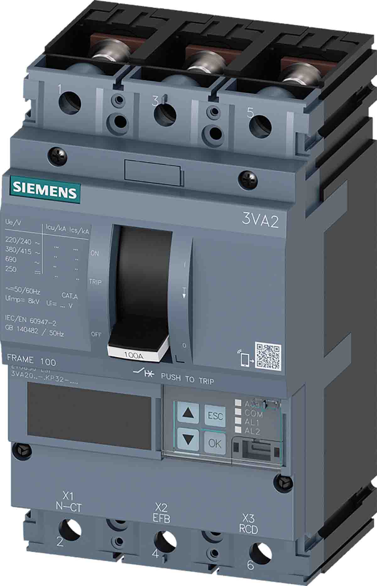 Siemens, 0AA0, 3VA20 Molded Case Circuit Breaker 3-Pole 40A, Breaking Capacity 2 kA, Fixed