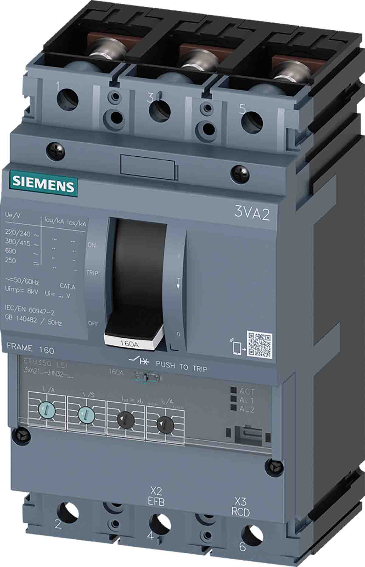 Siemens, 0AA0, 3VA20 Molded Case Circuit Breaker 3-Pole 40A, Breaking Capacity 2.5 kA, Fixed