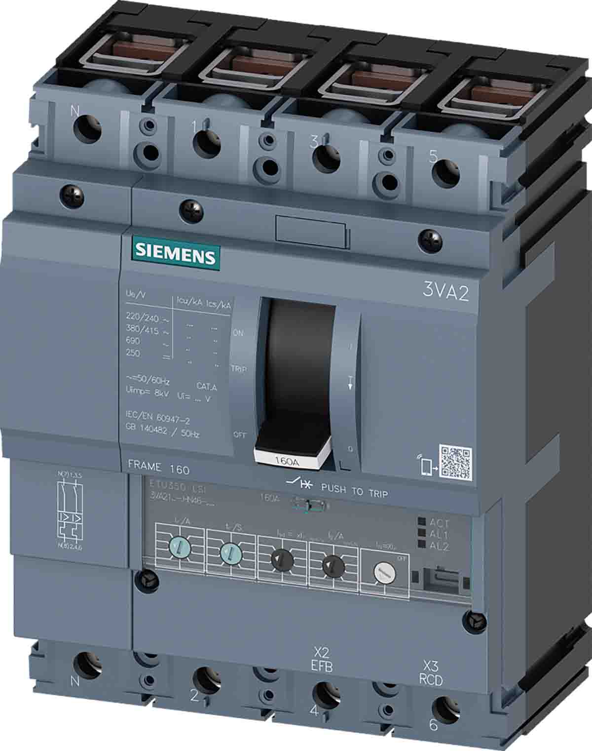 Siemens, 0AA0, 3VA20 Molded Case Circuit Breaker 4-Pole 63A, Breaking Capacity 2.5 kA, Fixed