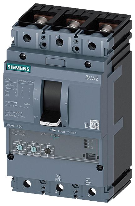 Siemens SENTRON 3VA2 Electronic Circuit Breaker 250A 690V, 3 channels Type N