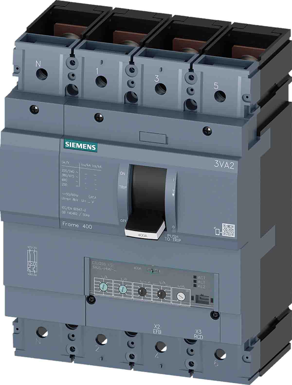 Siemens, 0AA0, 3VA20 Molded Case Circuit Breaker 4-Pole 400A, Breaking Capacity 5 kA, Fixed