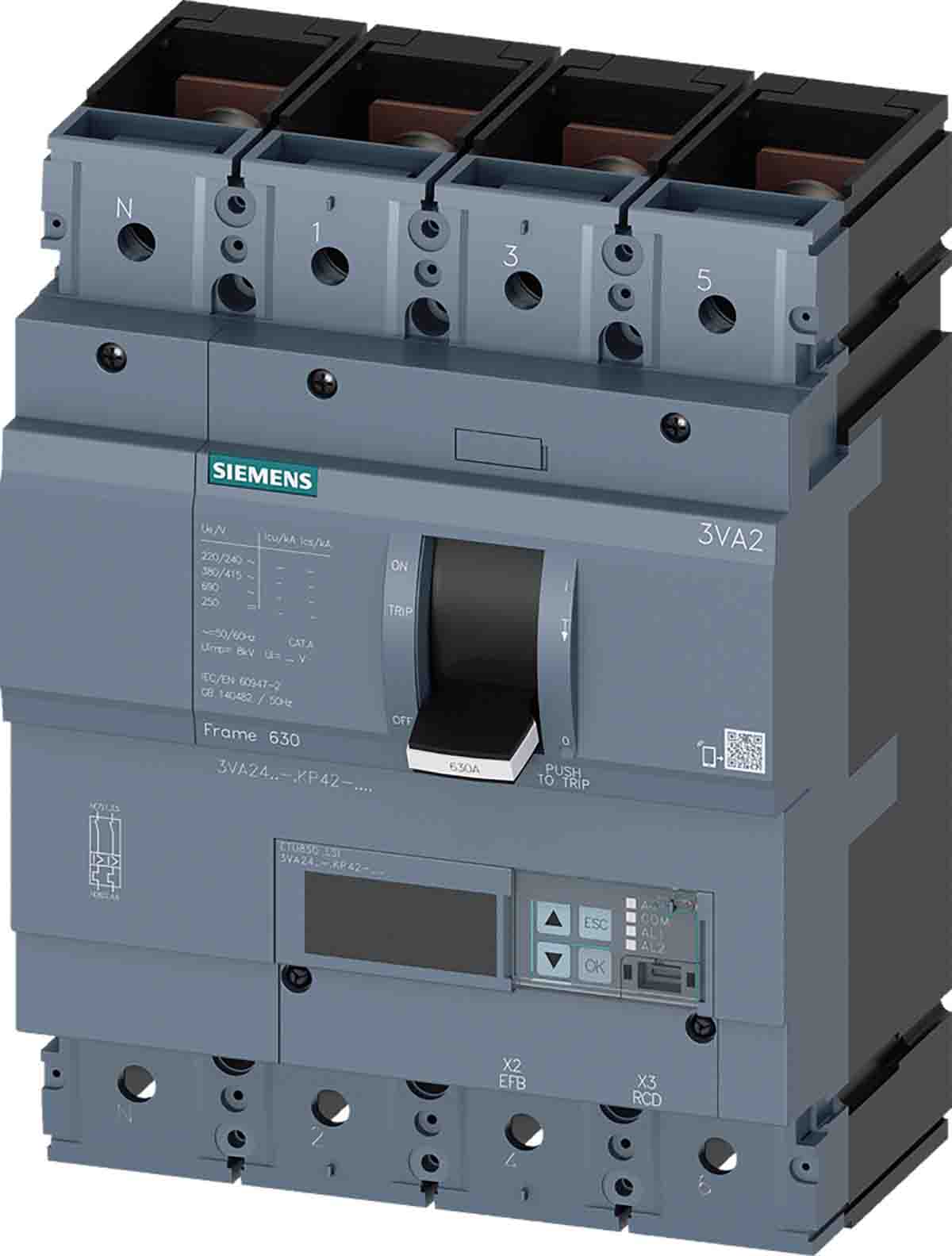 Siemens, 0AA0, 3VA20 Molded Case Circuit Breaker 4-Pole 630A, Breaking Capacity 6 kA, Fixed