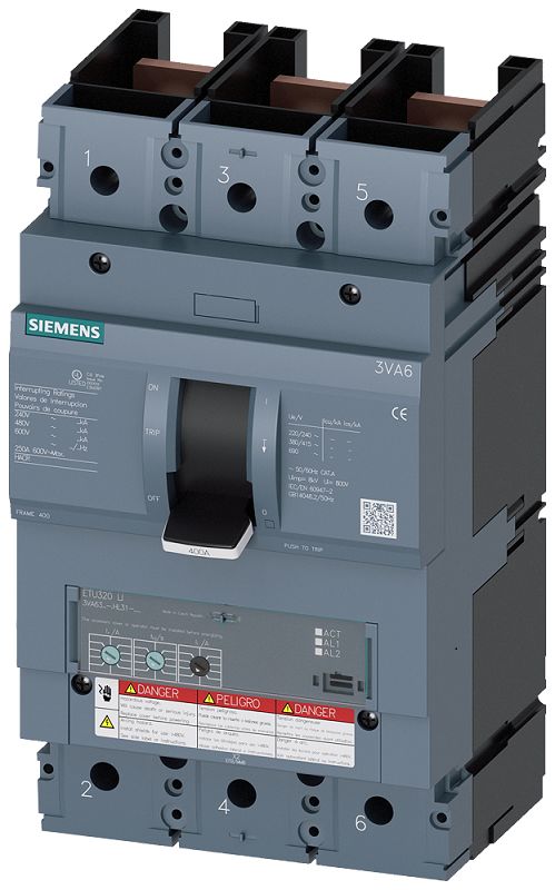 Siemens, SENTRON, 3VA6 Molded Case Circuit Breaker 3-Pole 400A, Breaking Capacity 35 kA, Fixed