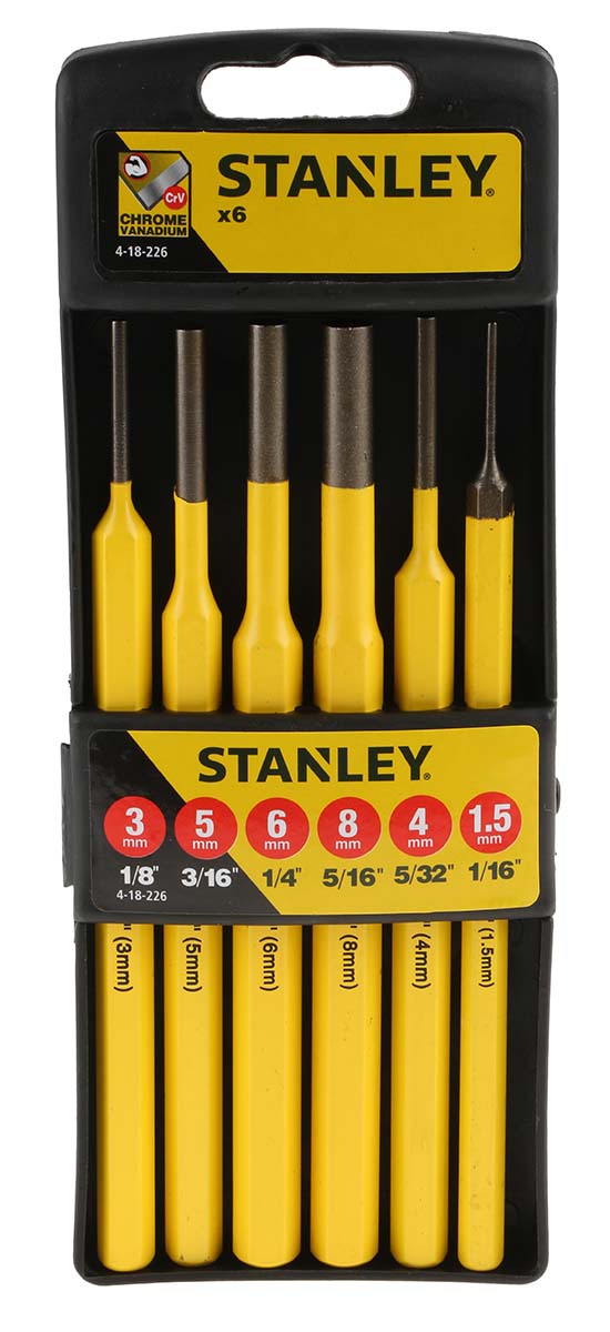 Stanley 6-Piece Punch Set, Pin Punch, 3mm Shank, 6 in Overall