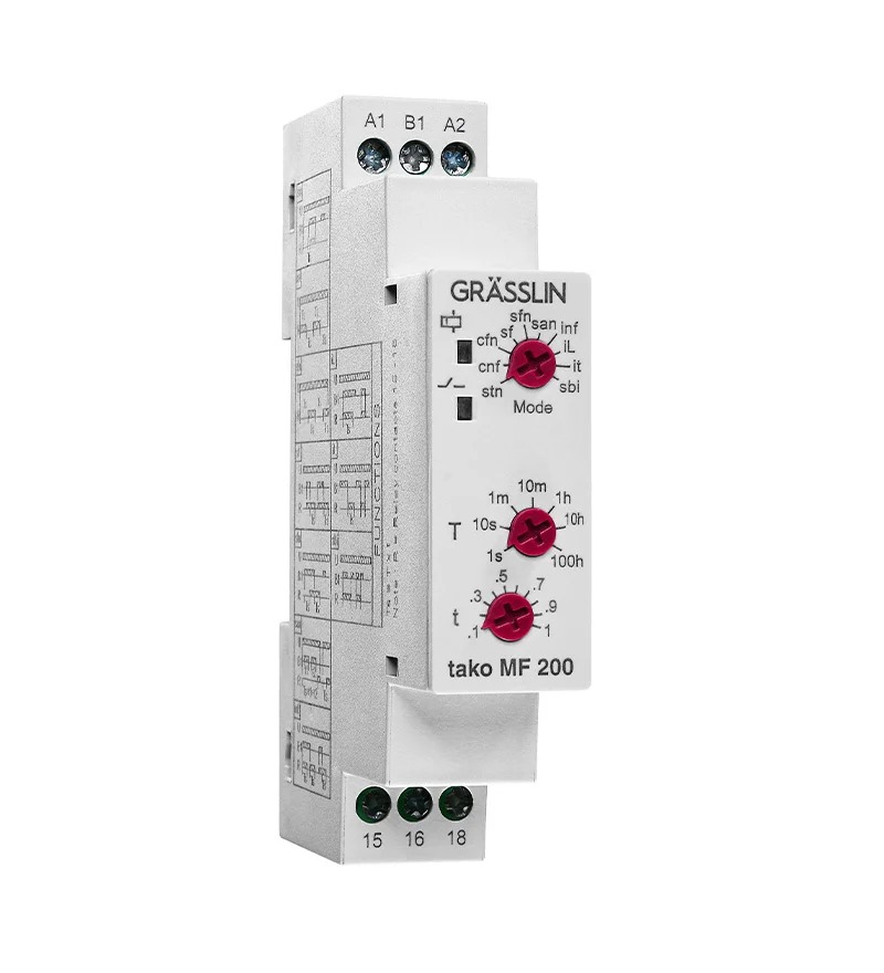 400100011 Grasslin tako MF 200 Series DIN Rail Timer Relay 12V ac, 230 V ac, 0.1 s to 100 h, 10-Function