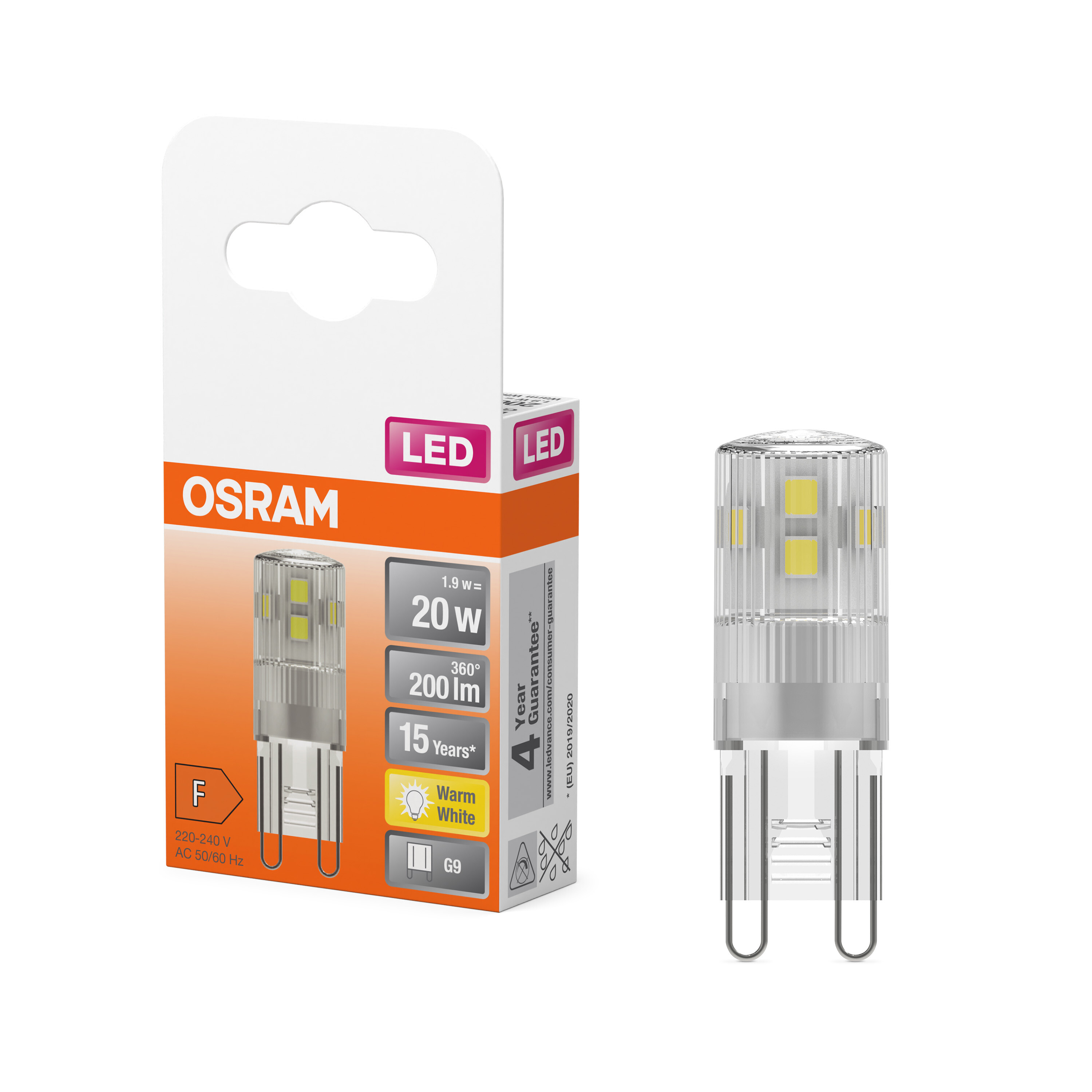 4058075432307 LEDVANCE 40580 G9 LED Bulbs 1.9 W(20 W), 2700k, Warm White, Pin shape