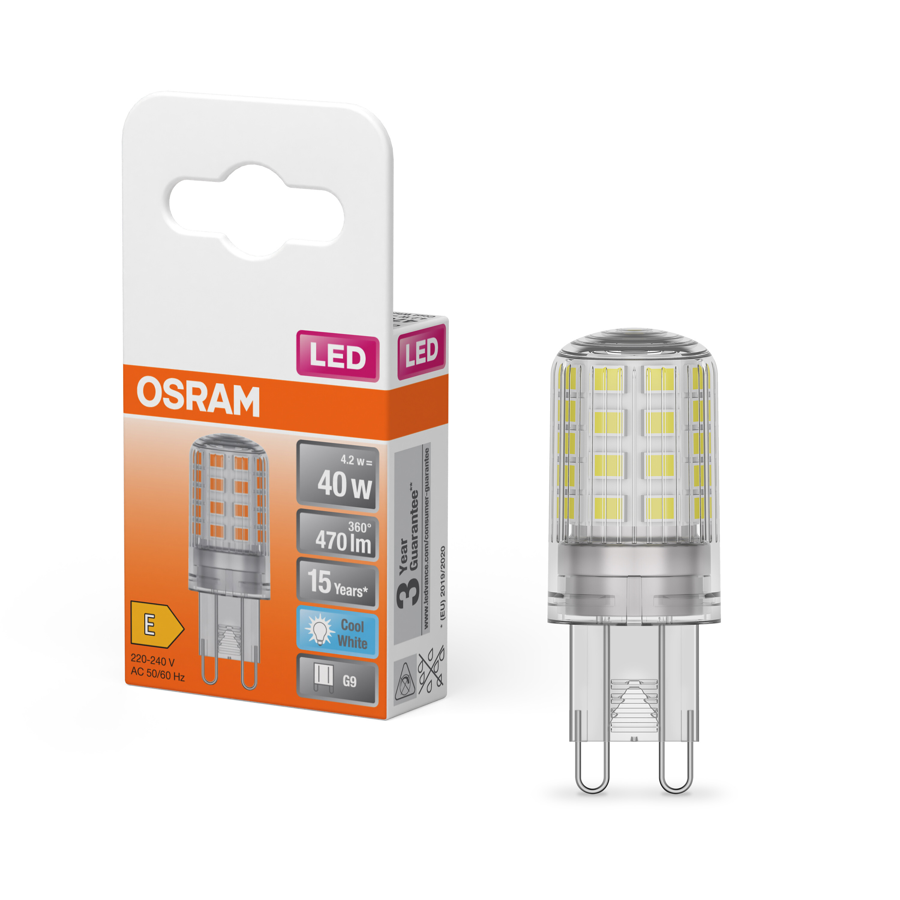 4058075432420 LEDVANCE 40580 G9 LED Bulbs 4.2 W(40 W), 4000k, Cool White, Pin shape