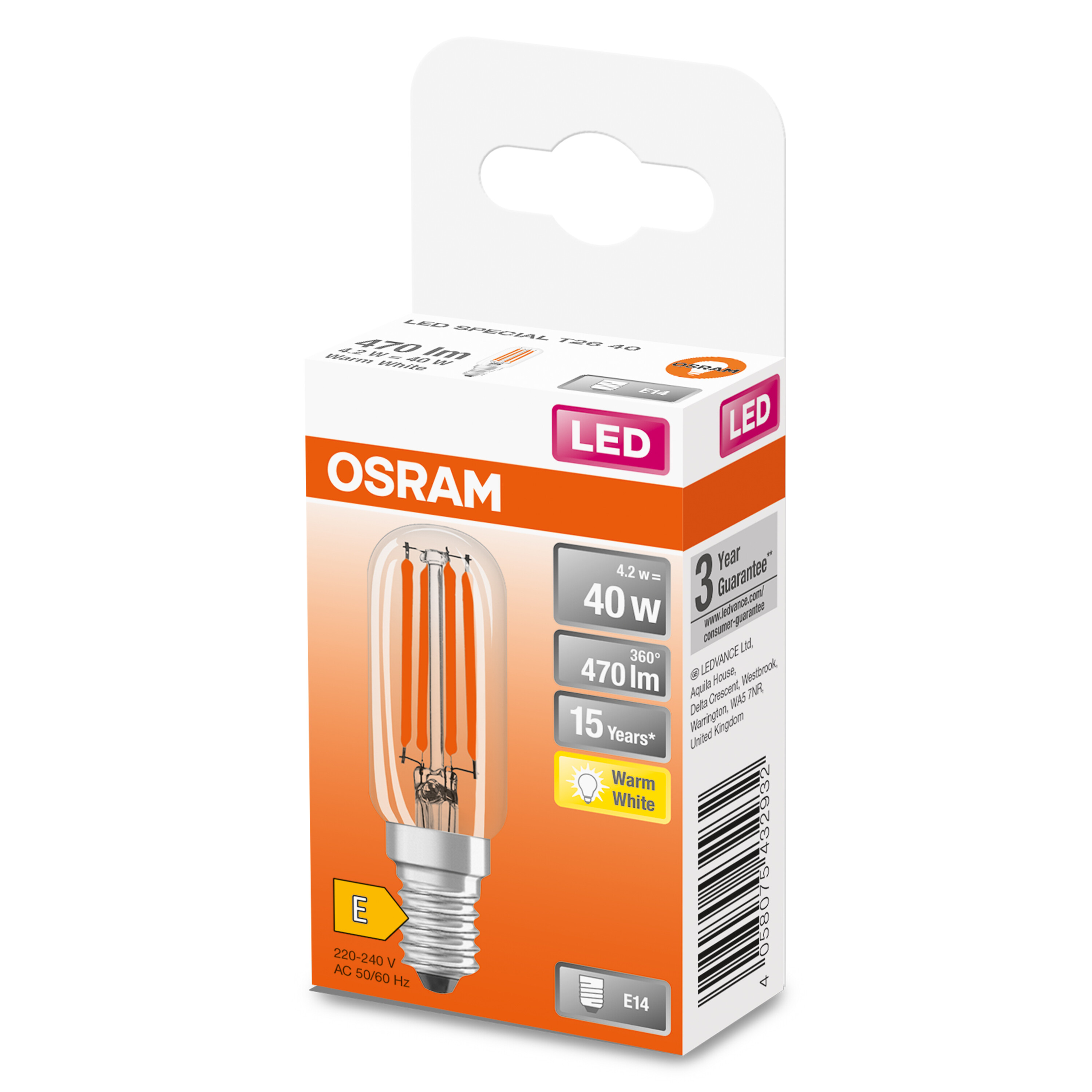 4058075432932 LEDVANCE LED SPECIAL E14 LED Bulbs, Warm White, T shape
