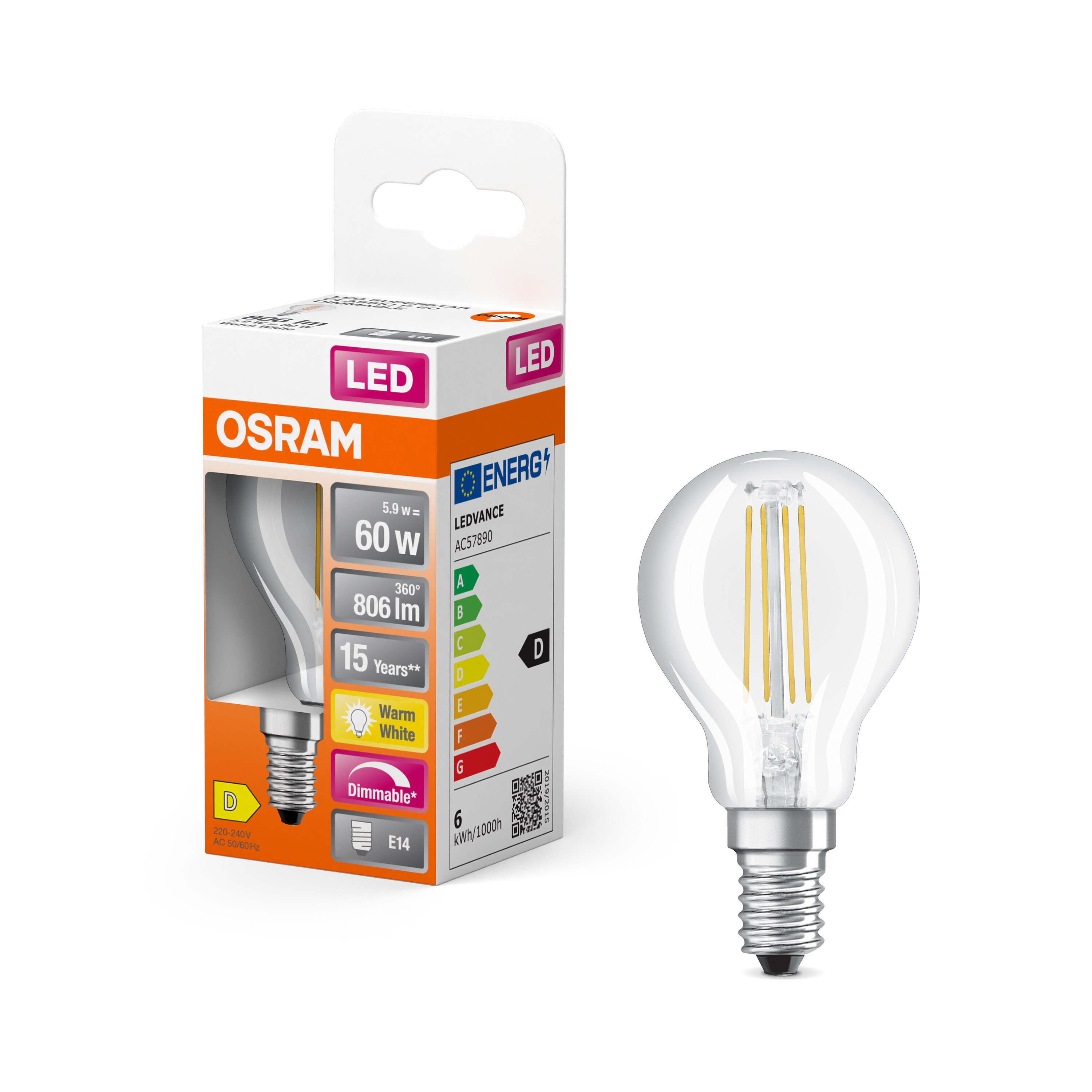 4058075447875 LEDVANCE LED Retrofit CLASSIC E14 LED Bulbs, Warm White, Pear shape
