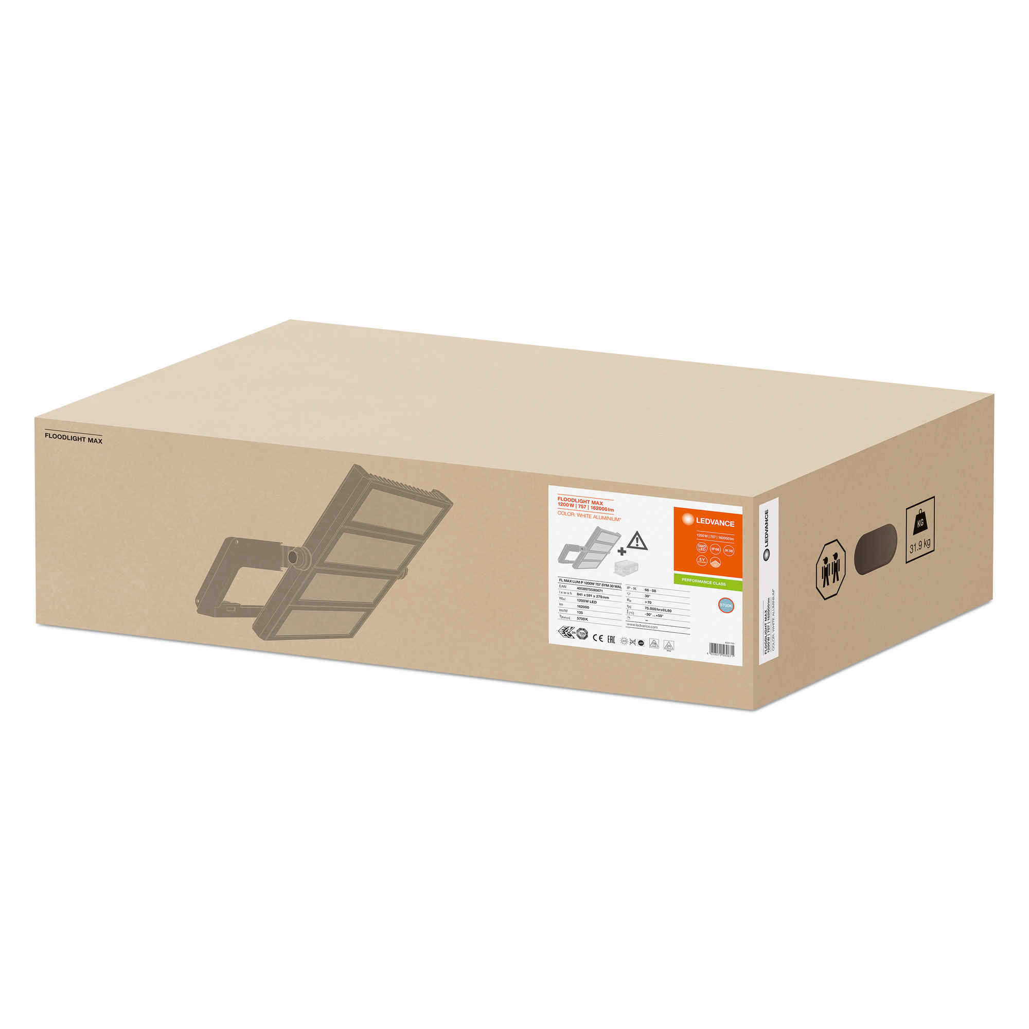 4058075580671 LEDVANCE FL MAX LUM Floodlight, 1.2 kW White, 162000 lm, IP66, 180V