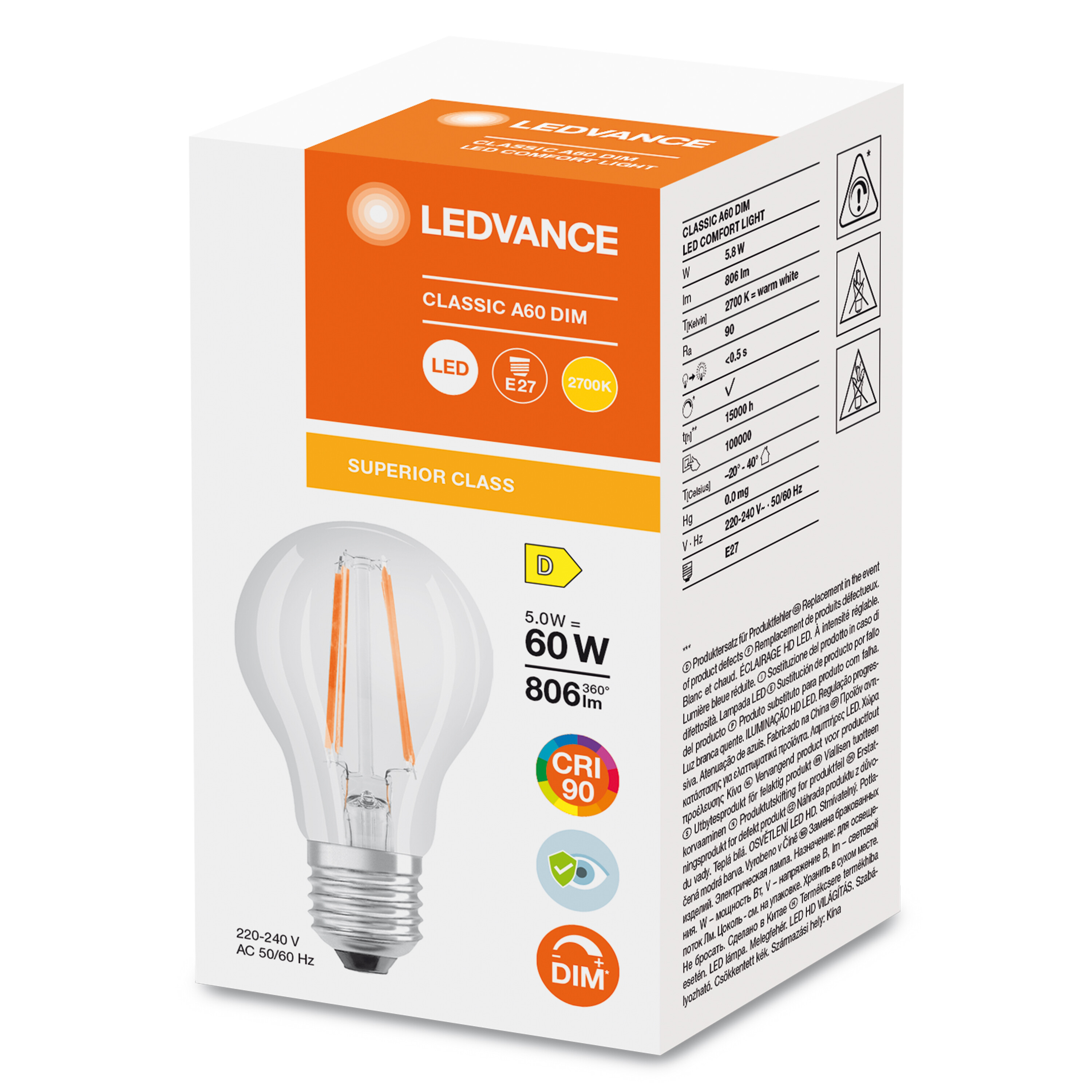 4058075602458 LEDVANCE LED Superstar Plus Classic E27 LED Bulbs 5.8 W(60 W), 2700k, Warm White, Bulb shape