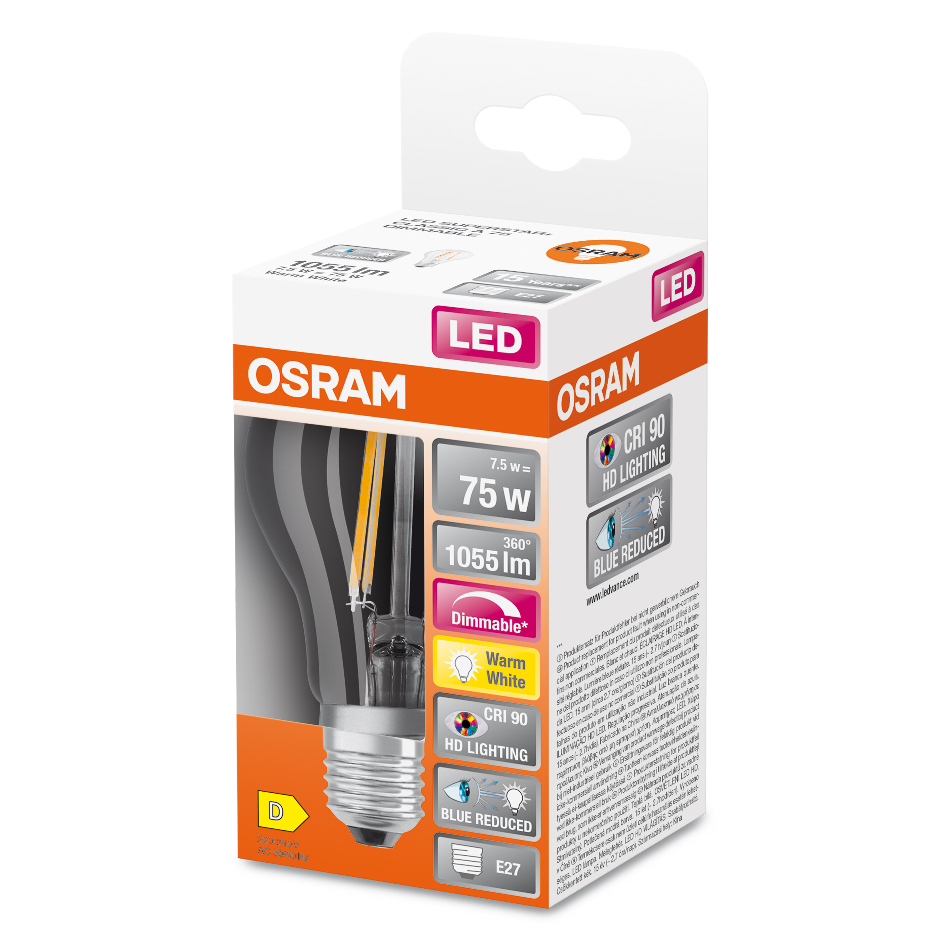 4058075602496 LEDVANCE LED Superstar Plus Classic E27 LED Bulbs 7.5 W(75 W), 2700k, Warm White, Bulb shape