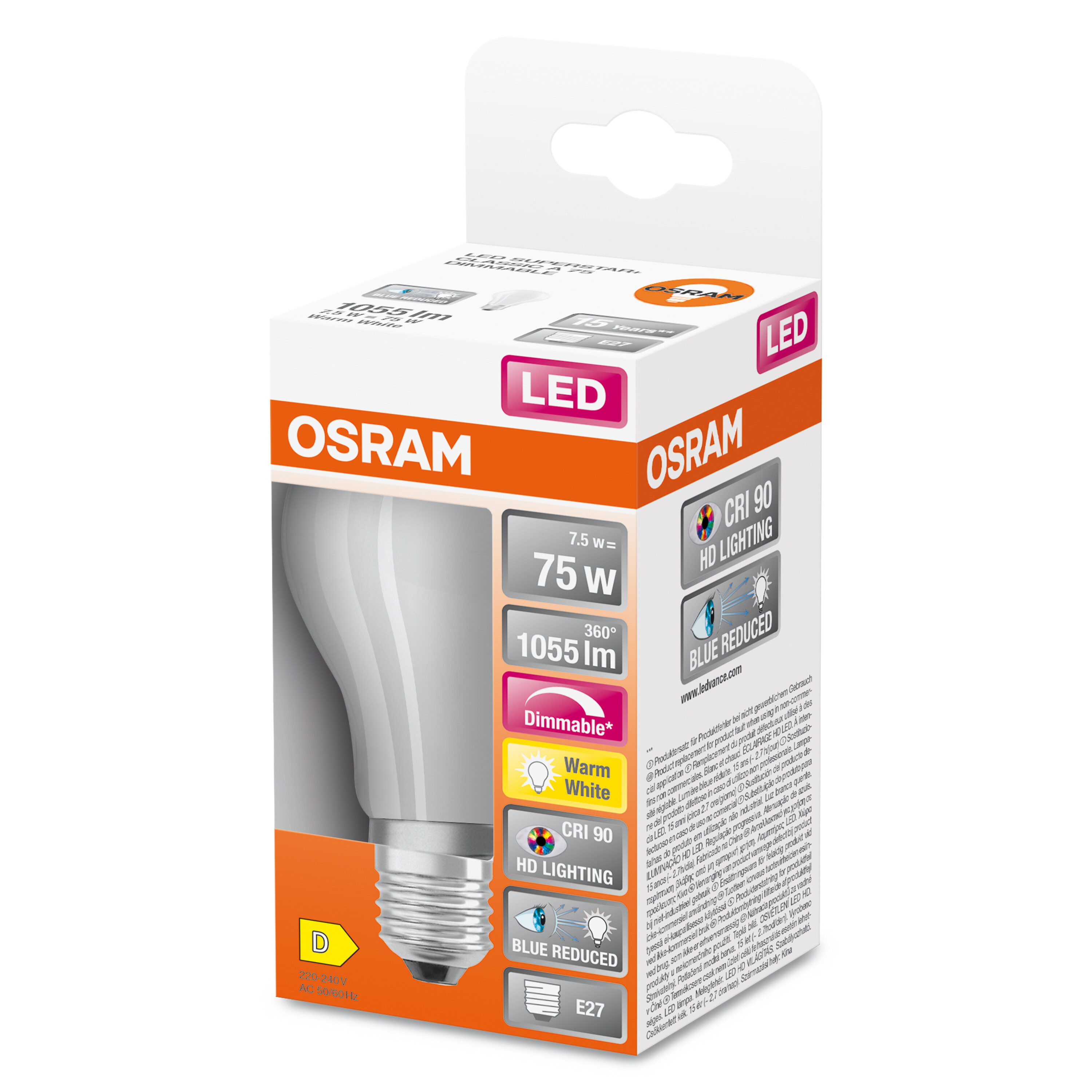4058075602618 LEDVANCE LED Superstar Plus Classic E27 LED Bulbs 7.5 W(75 W), 2700k, Warm White, Bulb shape