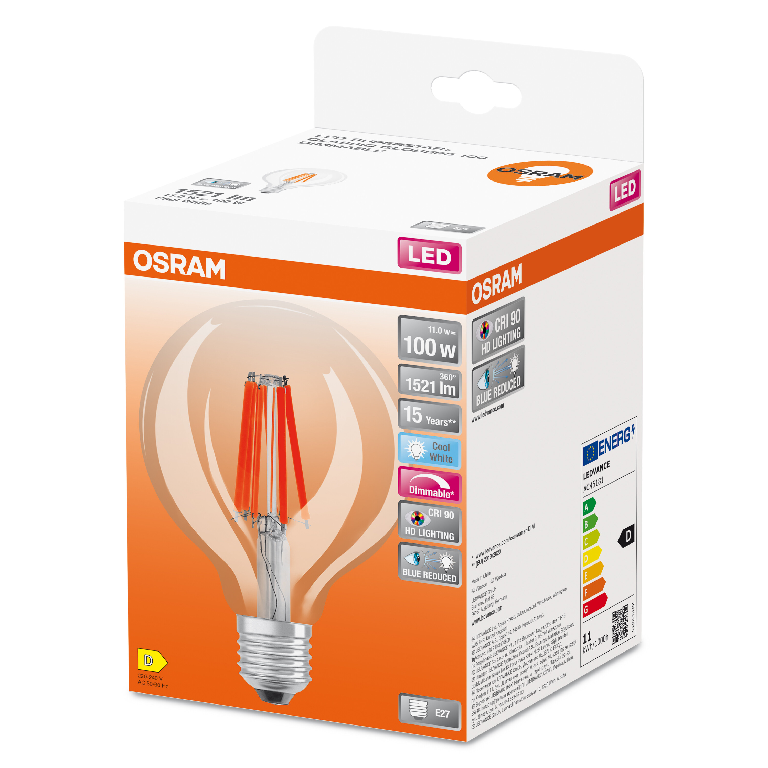 4058075602977 LEDVANCE LED Superstar Plus Classic E27 LED Bulbs, Cool White, Ball shape
