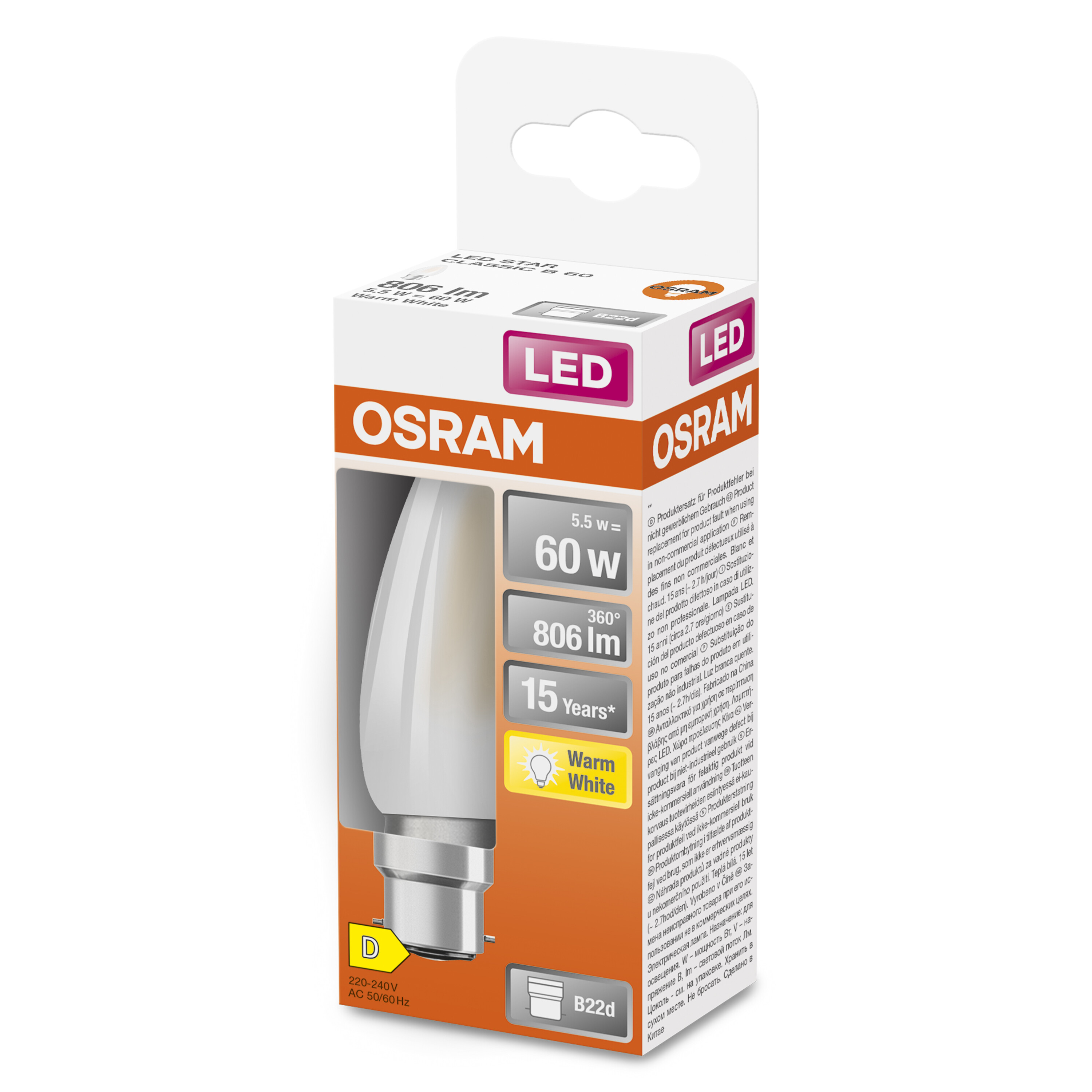 4058075654495 LEDVANCE 40580 B22D LED Bulbs, Warm White, Mini Candle shape