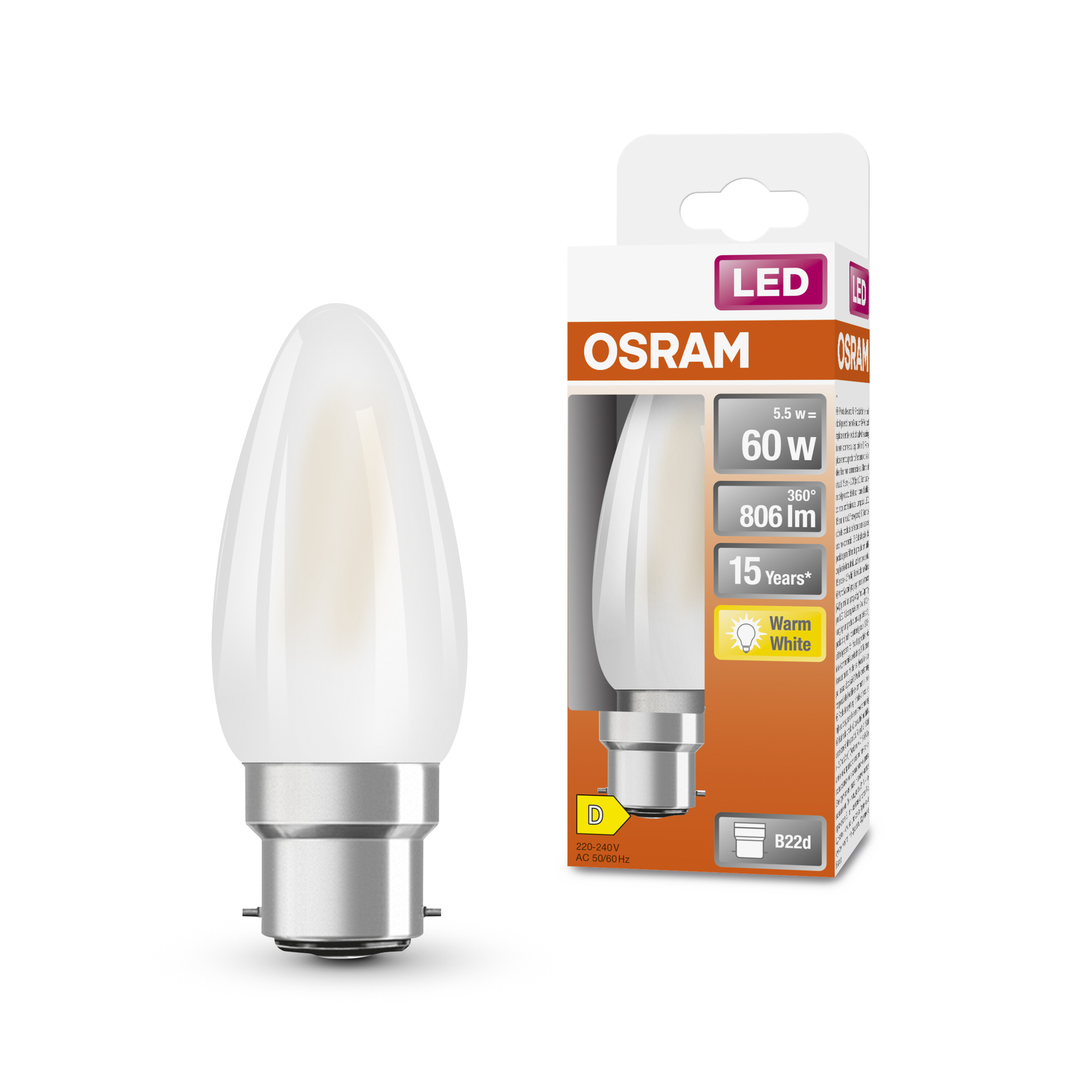 4058075654495 LEDVANCE 40580 B22D LED Bulbs, Warm White, Mini Candle shape