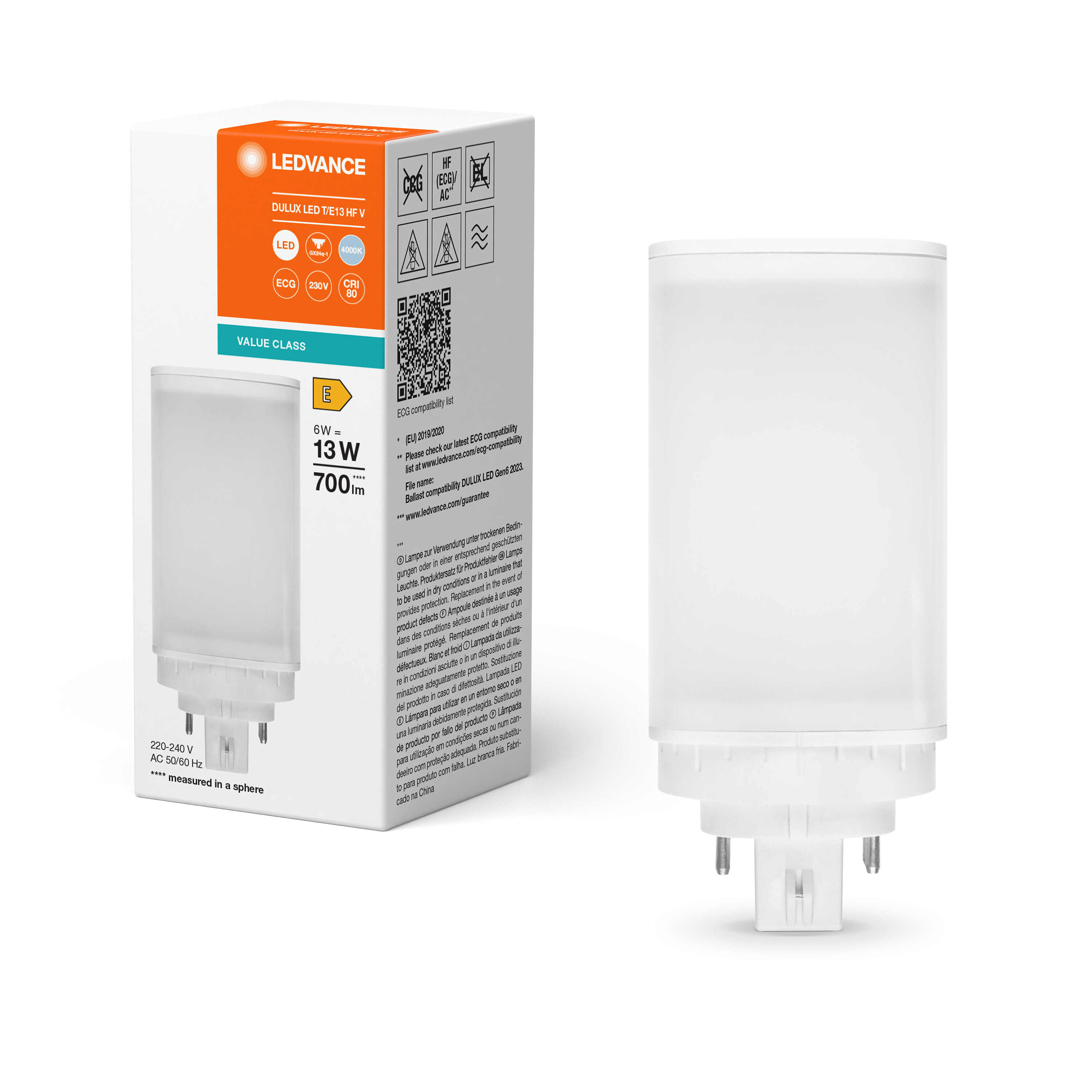 4058075822238 LEDVANCE DULUX GX24Q-1 LED Bulbs, Cool White, Tubular shape