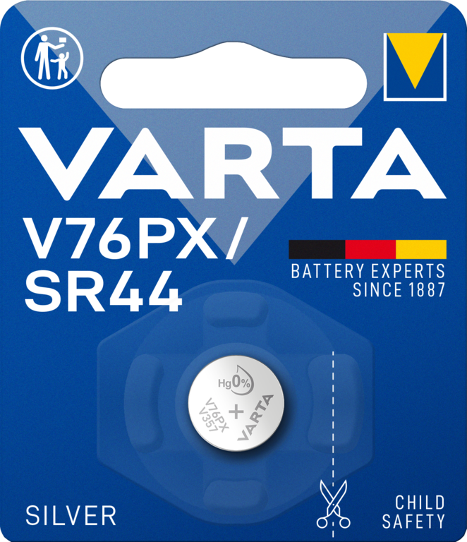 4075101401 Varta KOH Electrolyte, Silver Oxide, Zinc 1.55 V, SR44 SR44 Button Non-Rechargeable Battery, 145 mAh, 11.6 mm x 5.4 mm