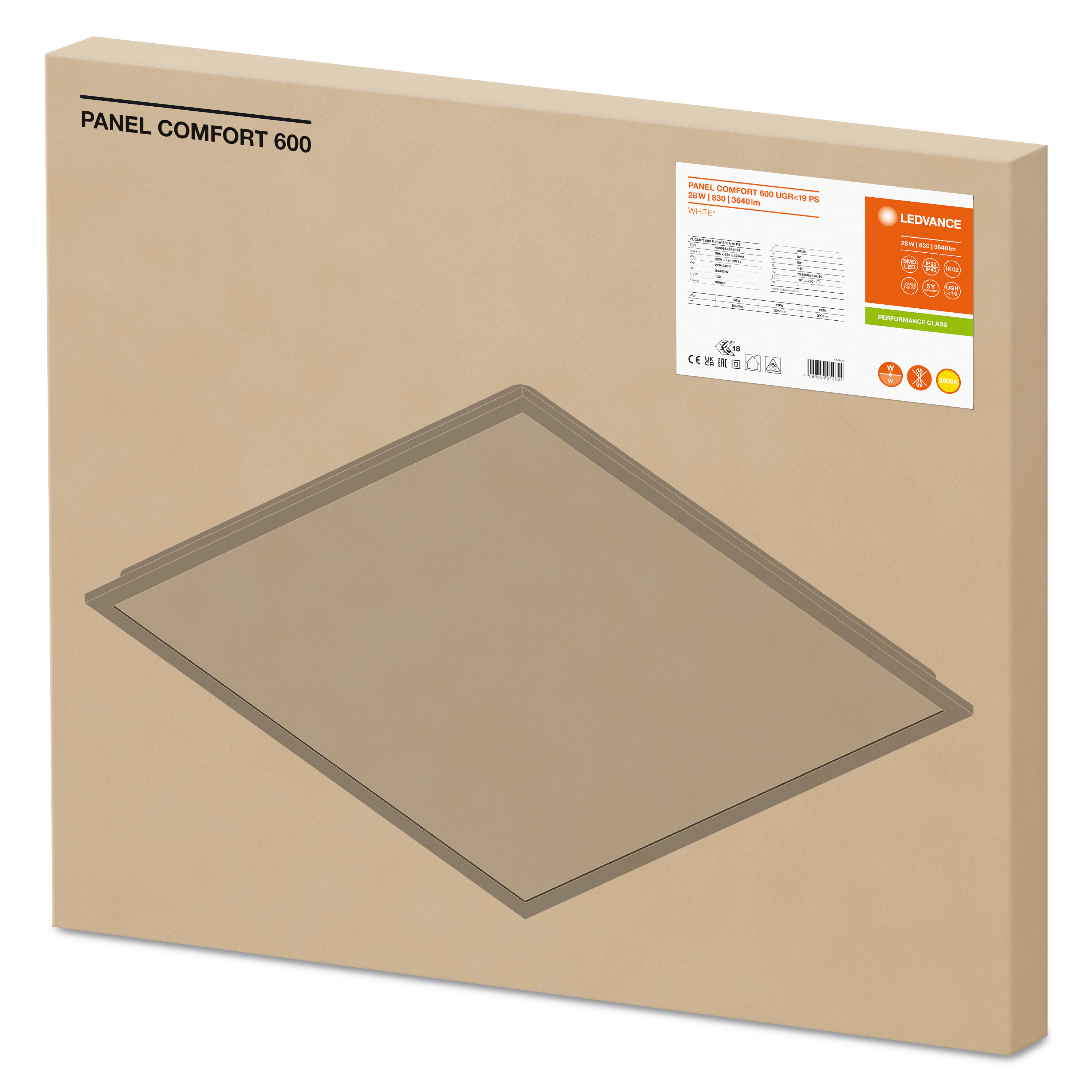 4099854014604 LEDVANCE 28 W Square LED Panel Light, Warm White, 3000K, L 595 mm W 595mm
