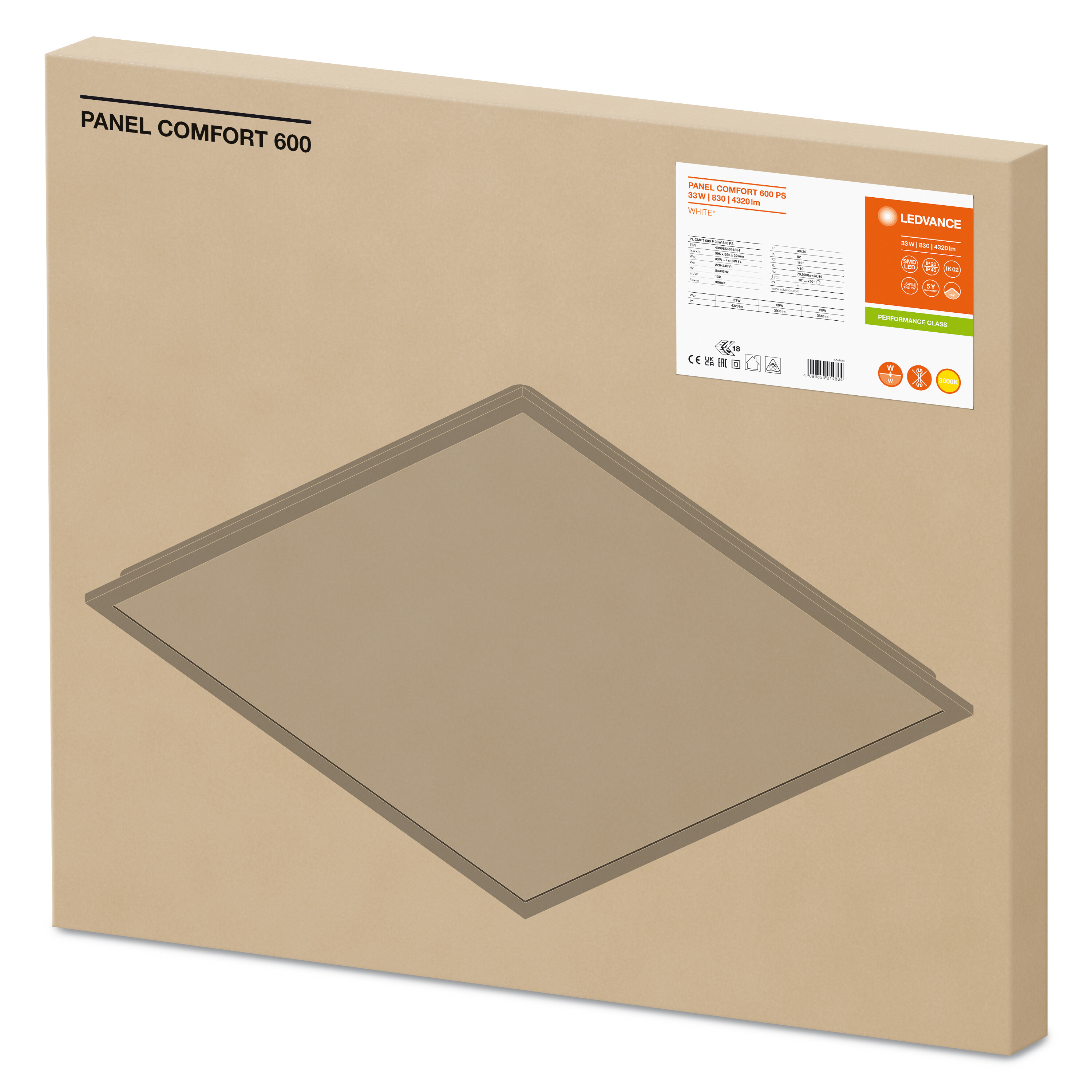 4099854014864 LEDVANCE 33 W Square LED Panel Light, Warm White, 3000K, L 595 mm W 595mm