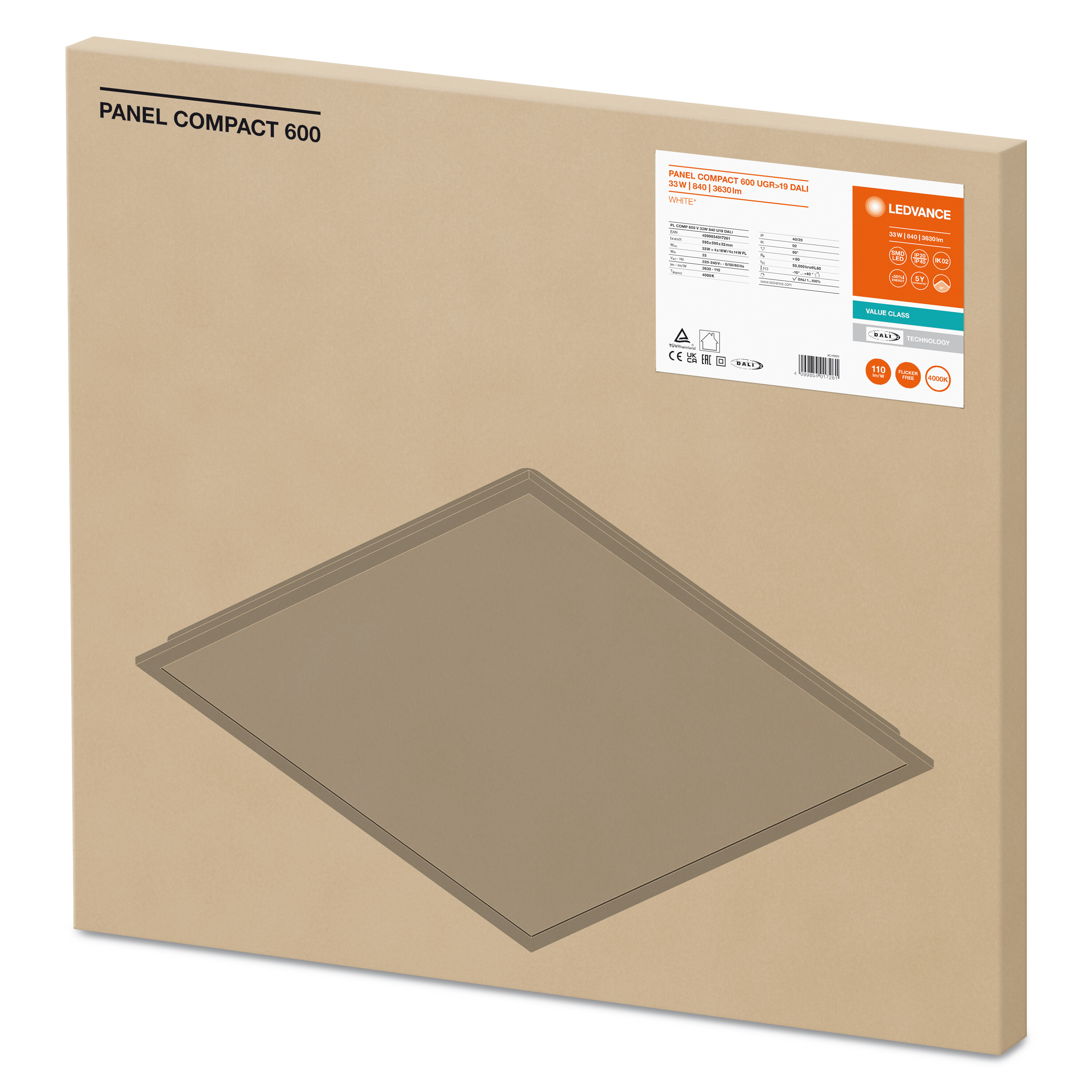 4099854017261 LEDVANCE 33 W Square LED Panel Light, Cool White, 4000K, L 595 mm W 595mm
