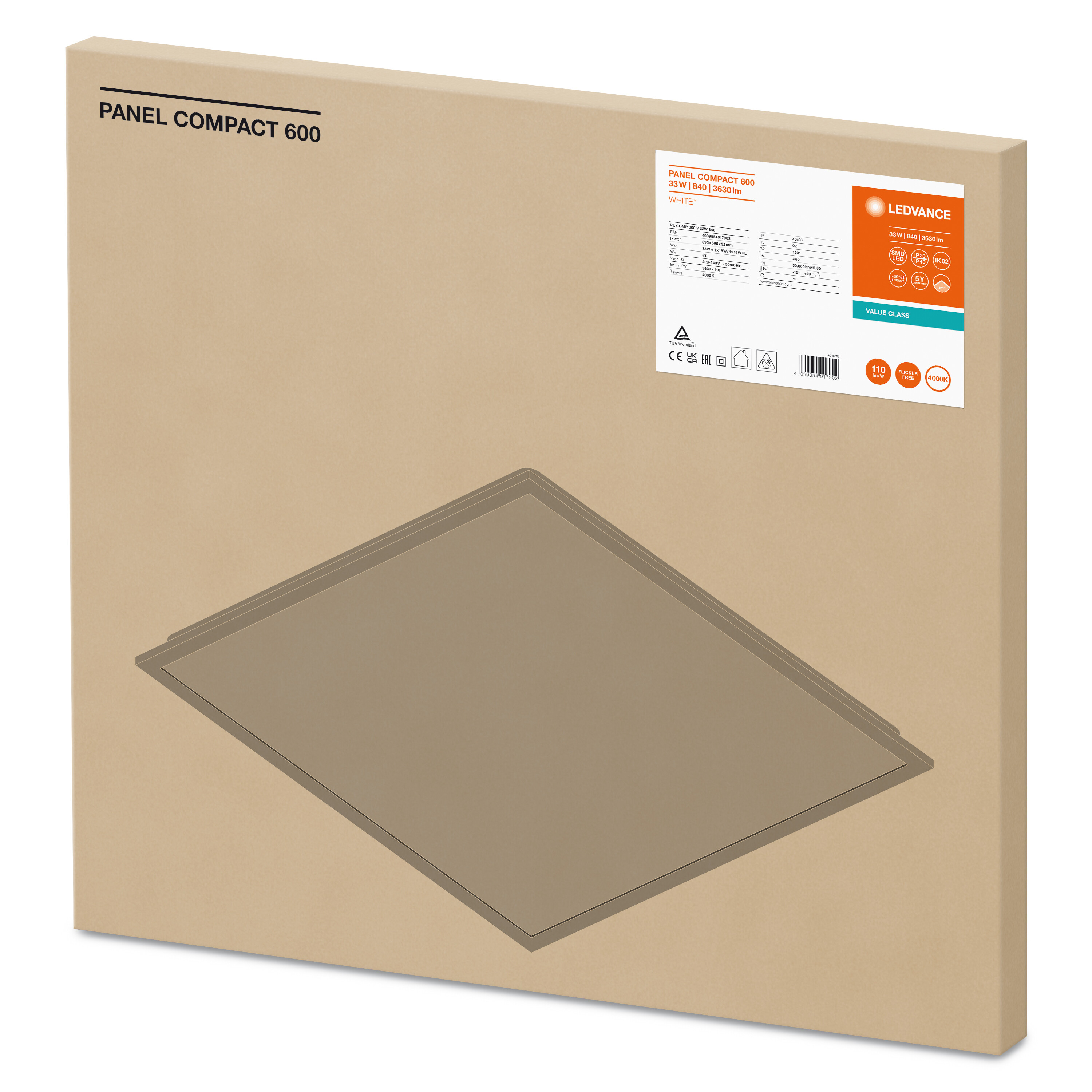 4099854017902 LEDVANCE 33 W Square LED Panel Light, Cool White, 4000K, L 595 mm W 595mm