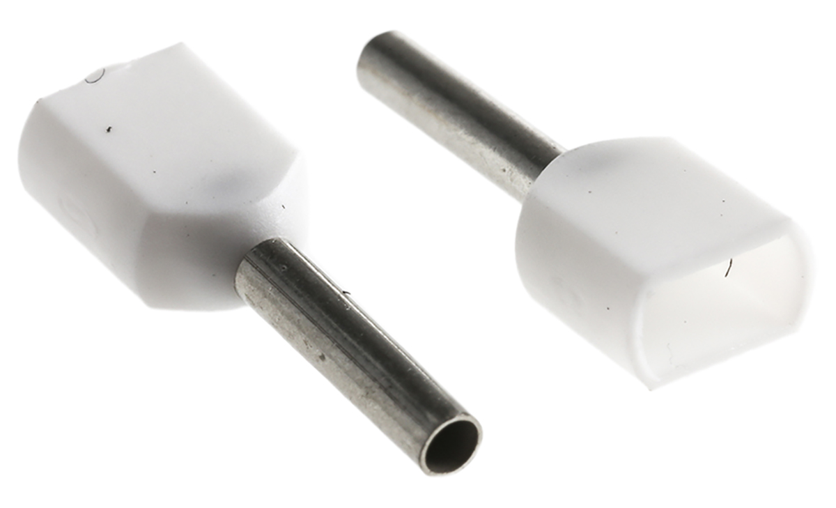 TE Connectivity Insulated Crimp Bootlace Ferrule, 8mm Pin Length, 1.4mm Pin Diameter, 2 x 0.5mm² Wire Size, White