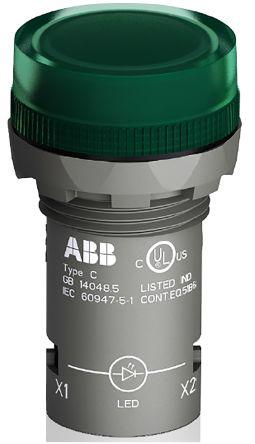 ABB Green LED Pilot Light, 22.3mm Cutout, IP66, IP67, IP69K, Round, 230 V ac, 17 mA