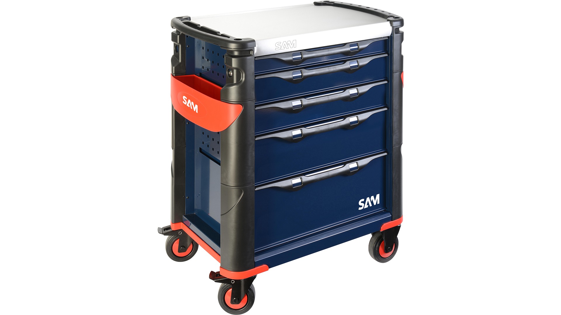 SAM 5 Drawer Wheeled Tool Trolley, Stainless Steel (Top)