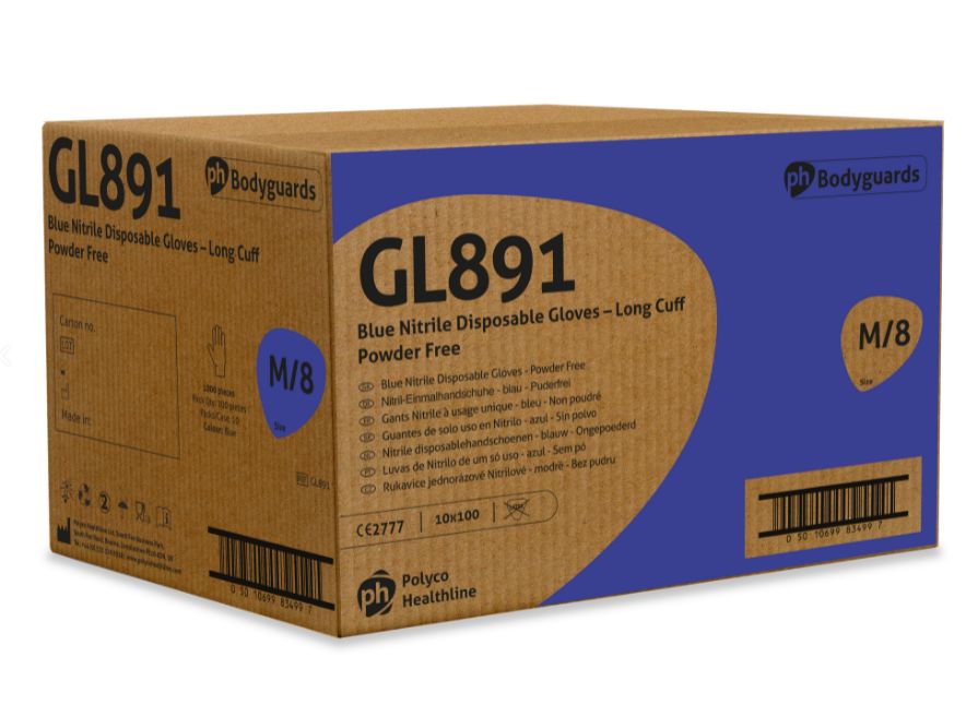 gl8913 Polyco Healthline Blue Powder-Free Nitrile Disposable Gloves, Size L, 100 per Pack