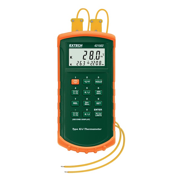 Extech 421502 Dual Input Thermometer, Type J Probe, 2 Input(s), 1370 °C Max, 0.05 % Accuracy