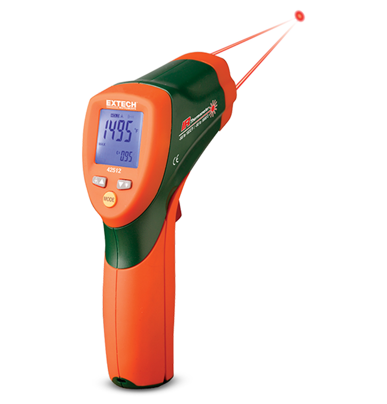 Extech 42512 IR Thermometer, -50 °C Min, 1000 °C Max, ±1 Accuracy, °C and °F Measurements