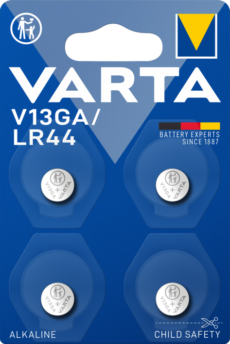 4276101404 Varta LR44 Button Non-Rechargeable Battery, 1.5 V, 11.6 mm Diameter, 4 Pack