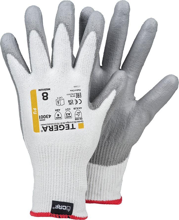 Tegera 43001 Grey, White HPPE, Nylon, Spandex Work Gloves, Size 8, Polyurethane Coating
