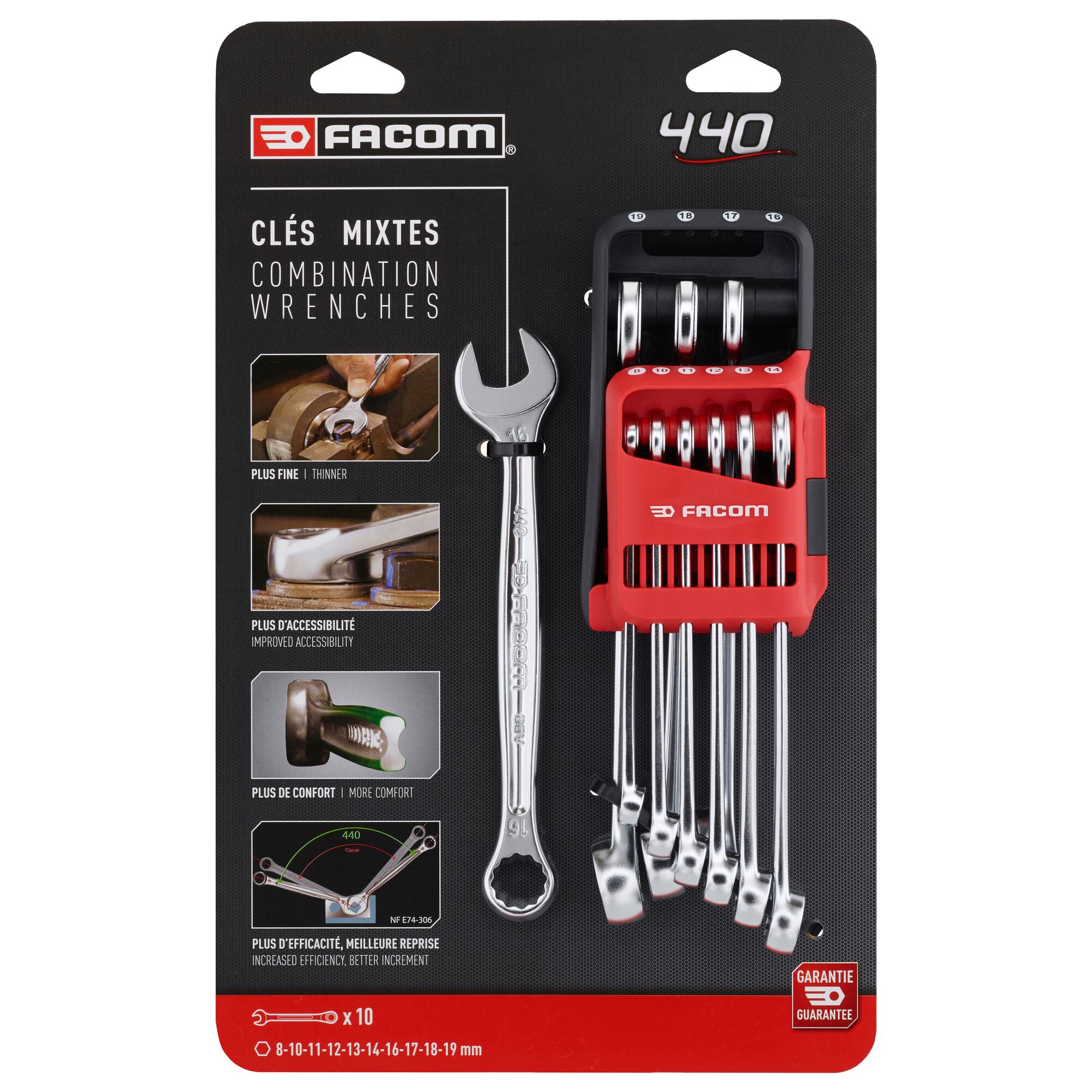 Facom 10-Piece Combination Spanner Set, 8 to 19 mm, Chrome Vanadium Steel