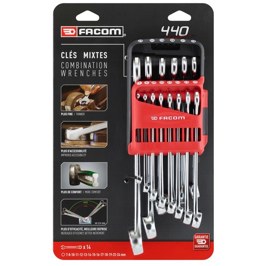 440jp14pb Facom 14-Piece Combination Spanner Set, 7 to 24 mm, Chrome Vanadium Steel