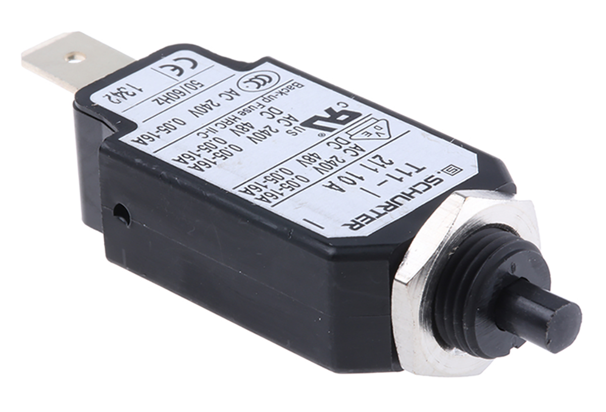 Schurter T11 T11 Thermal Circuit Breaker - 1-Pole, Panel, 10A Current Rating, 6.5 A, 240V ac, 48 V dc