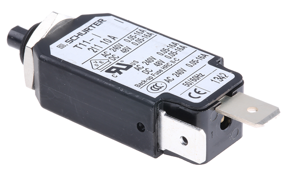 44000003 Schurter T11 T11 Thermal Circuit Breaker - 1-Pole, Panel, 10A Current Rating, 6.5 A, 240V ac, 48 V dc
