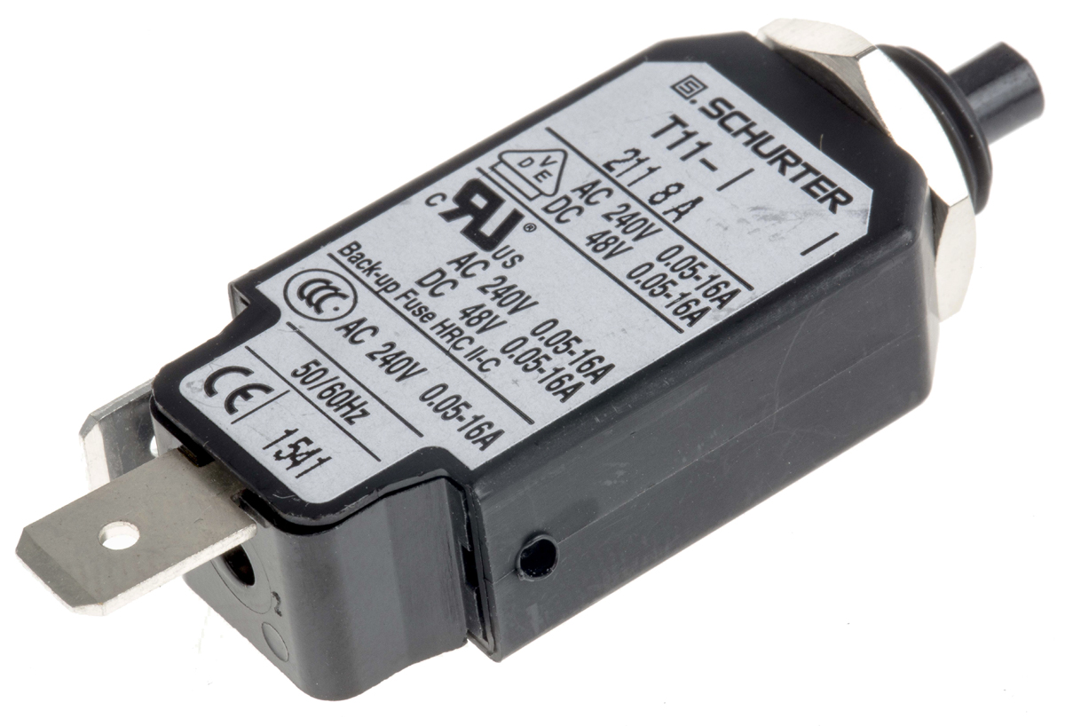 Schurter T11 T11 Thermal Circuit Breaker - 1-Pole, Panel, 8A Current Rating, 6.5 A, 240V ac, 48 V dc