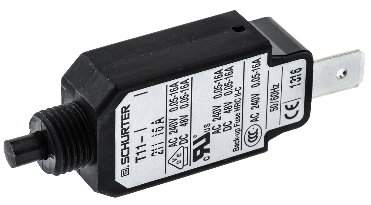 Schurter T11 T11 Thermal Circuit Breaker - 1-Pole, Panel, 16A Current Rating, 6.5 A, 240V ac, 48 V dc