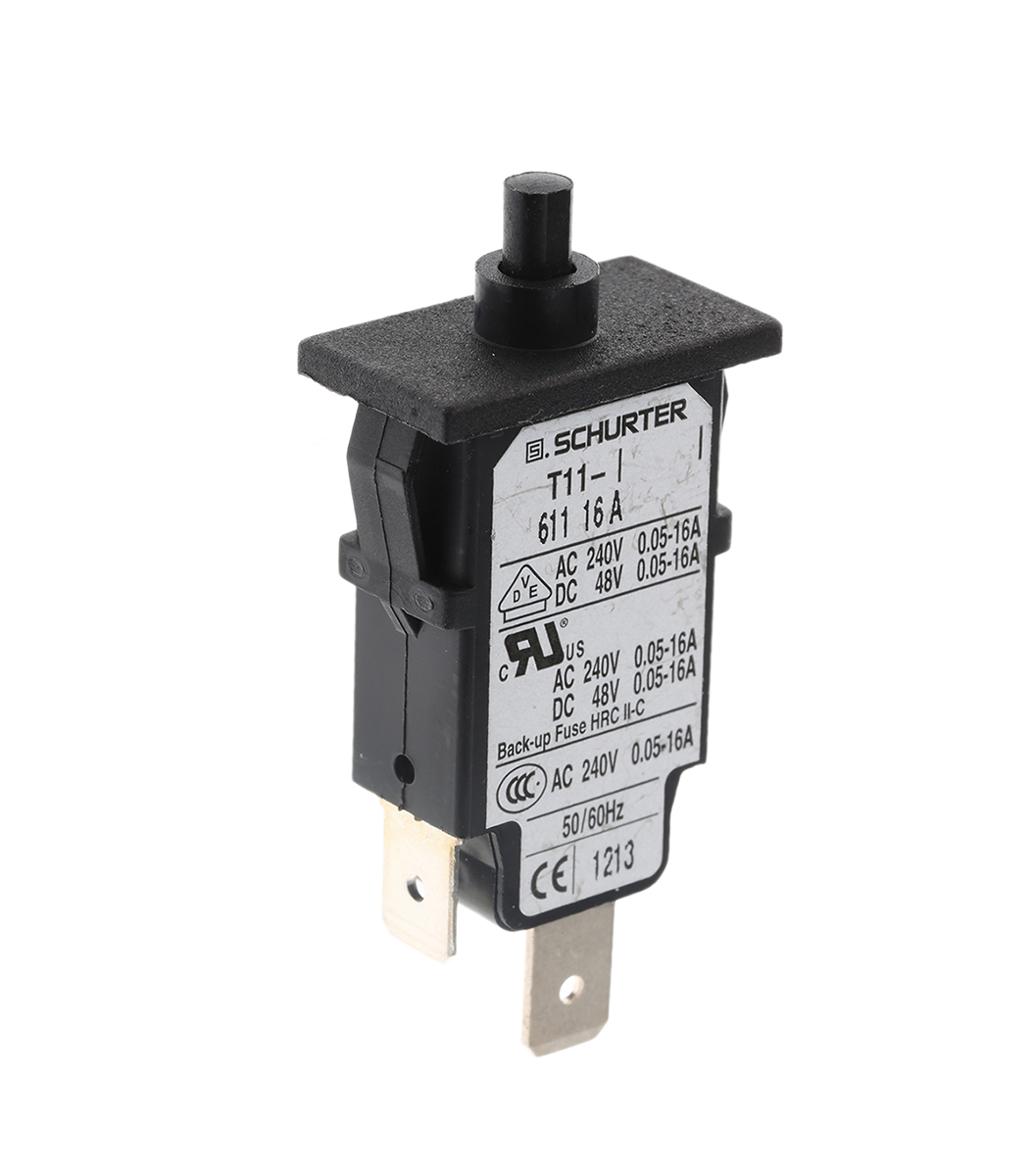 Schurter T11 T11 Thermal Circuit Breaker - 1-Pole, Panel, 16A Current Rating, 6.5 A, 240V ac, 48 V dc