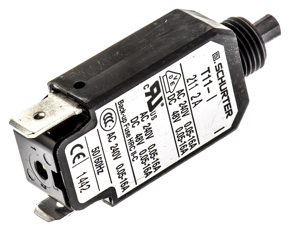 44000047 Schurter T11 T11 Thermal Circuit Breaker - 1-Pole, Panel, 2A Current Rating, 6.5 A, 240V ac, 48 V dc
