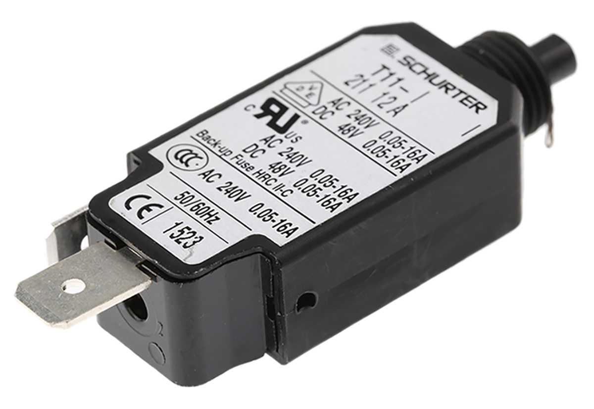 Schurter T11 T11 Thermal Circuit Breaker - 1-Pole, Panel, 12A Current Rating, 6.5 A, 240V ac, 48 V dc