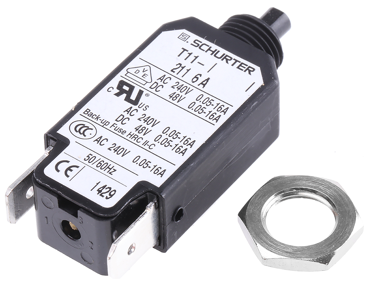 Schurter T11 T11 Thermal Circuit Breaker - 1-Pole, Panel, 6A Current Rating, 6.5 A, 240V ac, 48 V dc