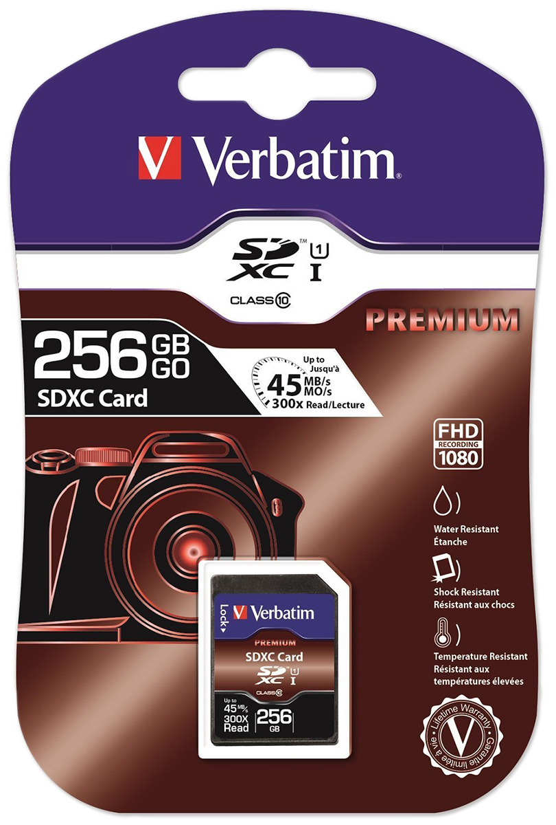 44026 Verbatim 256 GB SDXC SD Card, Class 10, UHS 1 U1