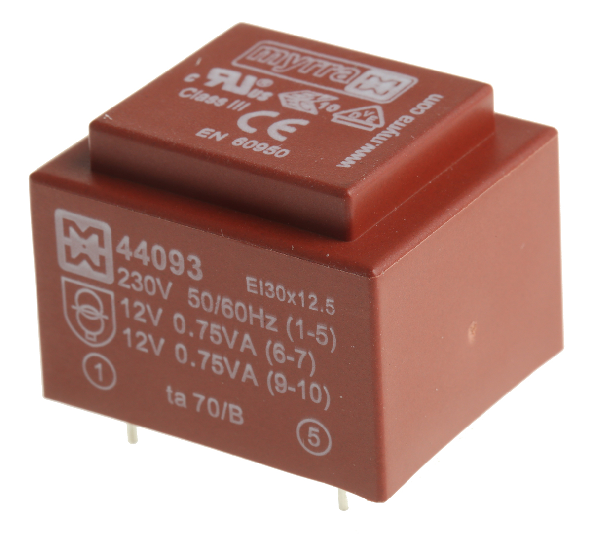 Myrra 12 V ac 2 Output PCB PCB Transformer, UL 94 VO, EN 60950, CEI 126, EN 61558-2-6, UL 5085, CEI 85 1.8 VA
