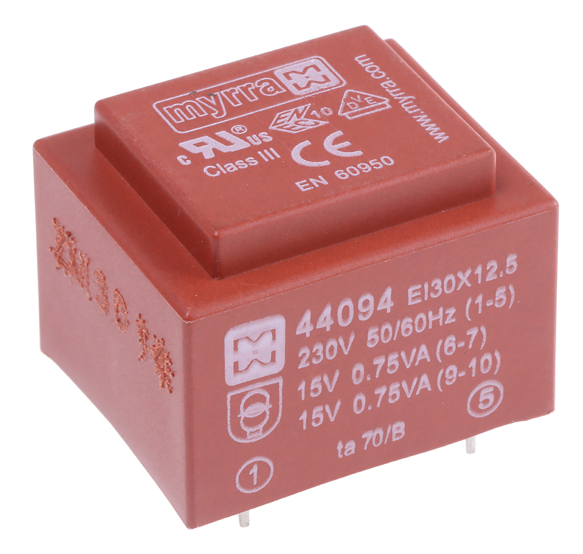 Myrra 15 V ac 2 Output Through Hole PCB Transformer, EN 61558-2-6 1.5 VA