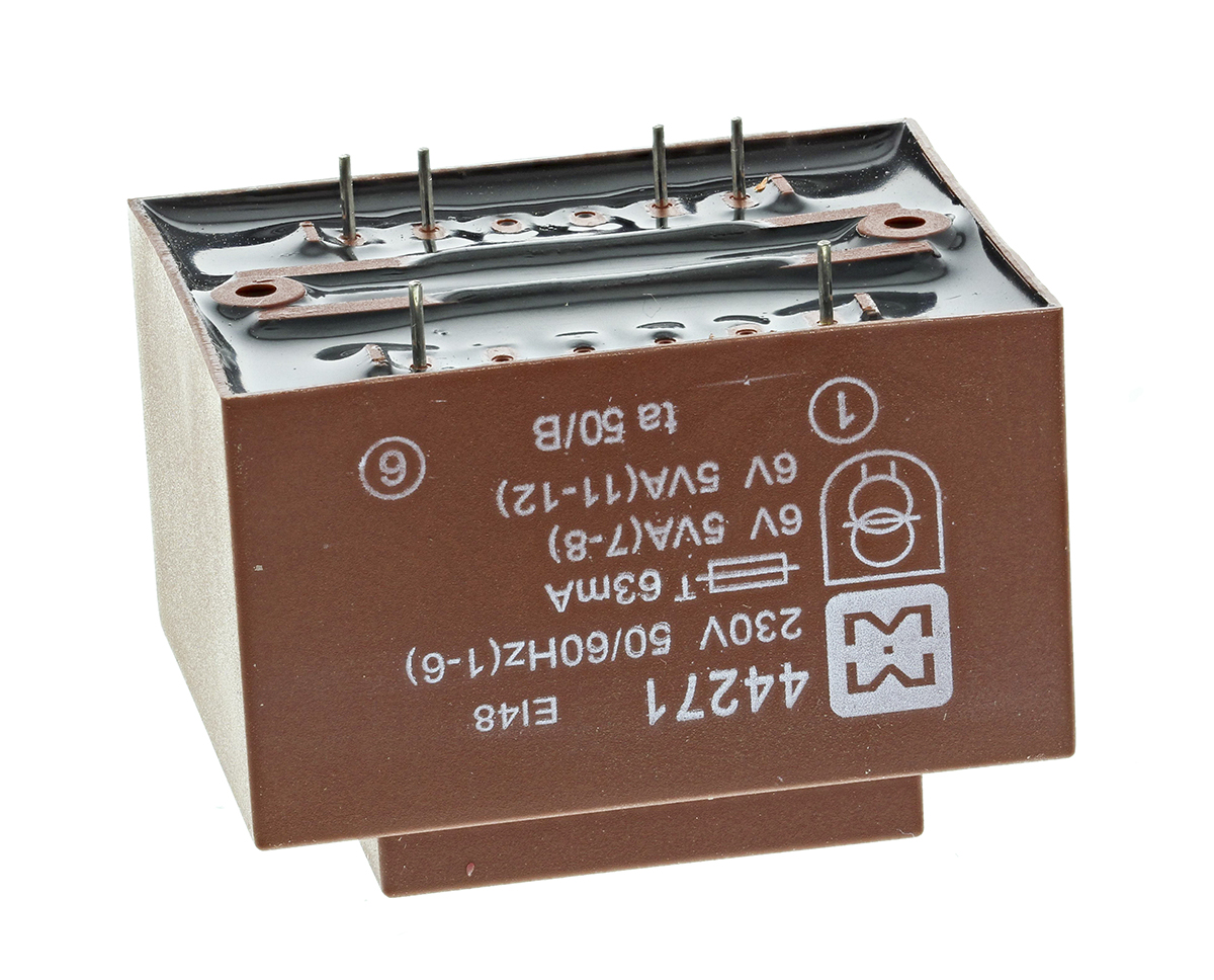 44271 Myrra 6 V ac 2 Output Through Hole PCB Transformer, EN 61558-2-6, EN 60950, UL 1585 10 VA